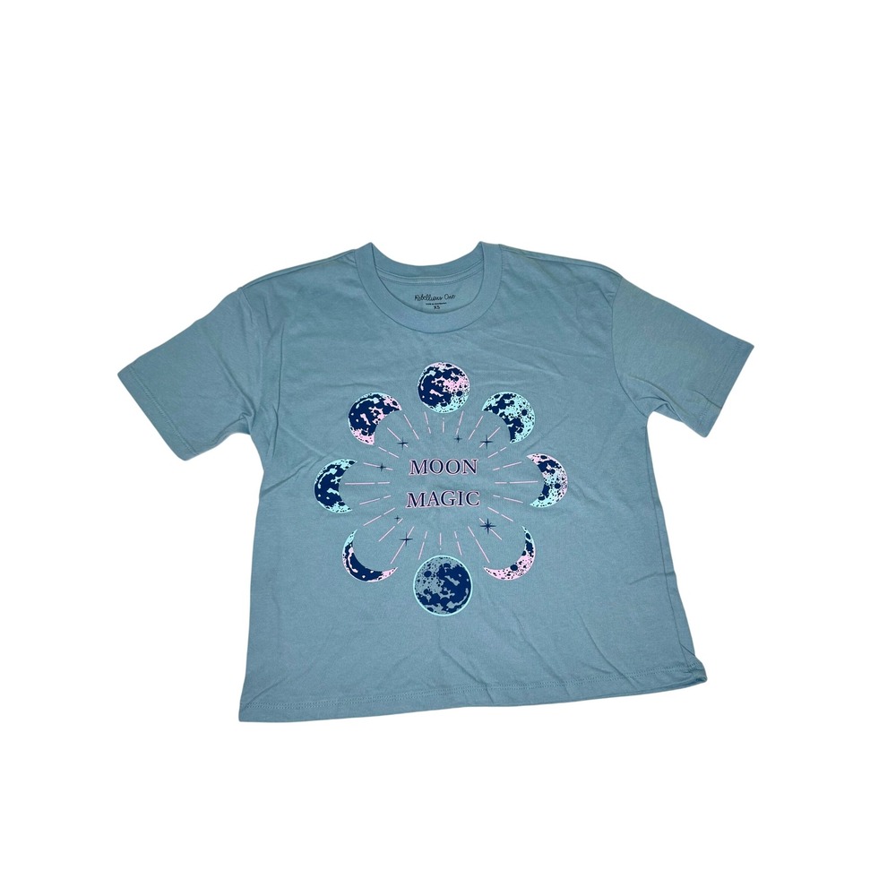 Rebellious One Moon Magic Celestial Graphic T-Shirt Blue Teal Womens XS